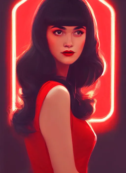 Image similar to portrait of veronica lodge with bangs, 1 9 6 0 s, long hair, red clothes, bangs, intricate, elegant, glowing lights, highly detailed, digital painting, artstation, concept art, smooth, sharp focus, illustration, art by wlop, mars ravelo and greg rutkowski