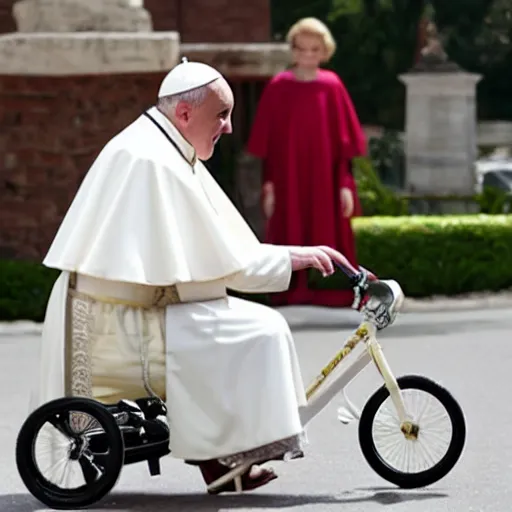 Image similar to the pope riding a childs tricycle