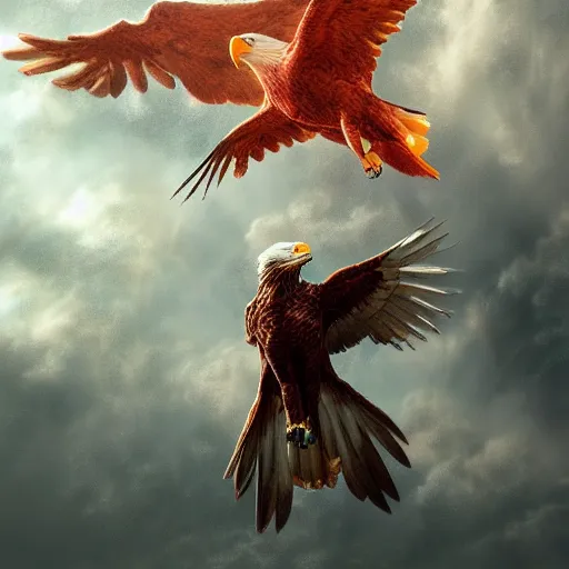 Image similar to flying eagle, character design, Kim Keever, oil painting, detailed, octane render, beautiful composition, trending on artstation, award-winning photograph, masterpiece