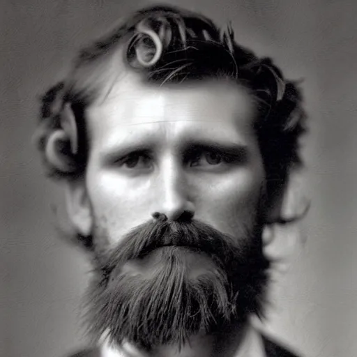 Image similar to A photograph portrait of Jerma985 with crazy wavy hair a pyramidal mustache in the late 1800s, taken in the late 1800s, 1870s, grainy, taken on a Field View Camera, realistic, hyperrealistic, very realistic, highly detailed, very detailed, extremely detailed, detailed, digital art, trending on artstation