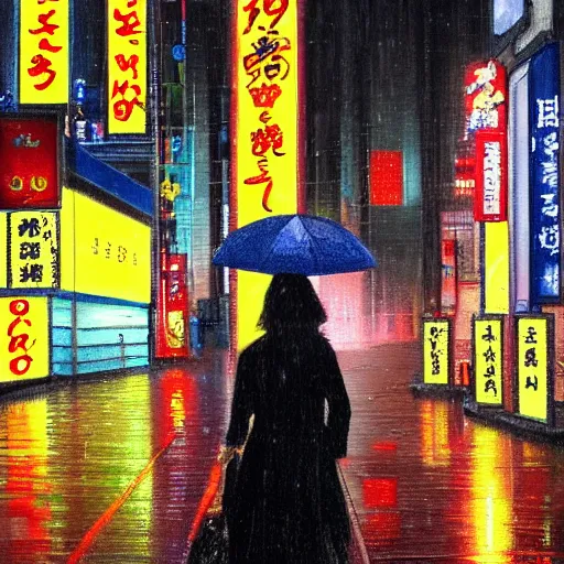 Image similar to a woman holding an umbrella, walking down the streets of tokyo, with neon signs, while it's raining. extremely detailed, oil on canvas. award winning