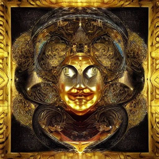 Prompt: Divine Chaos Engine, as a Venetian Carnivale Mask, by Karol Bak, Jean Deville, Gustav Klimt, and Vincent Van Gogh, celestial, visionary, sacred, fractal structures, ornate realistic gilded medieval icon, spirals, octane render