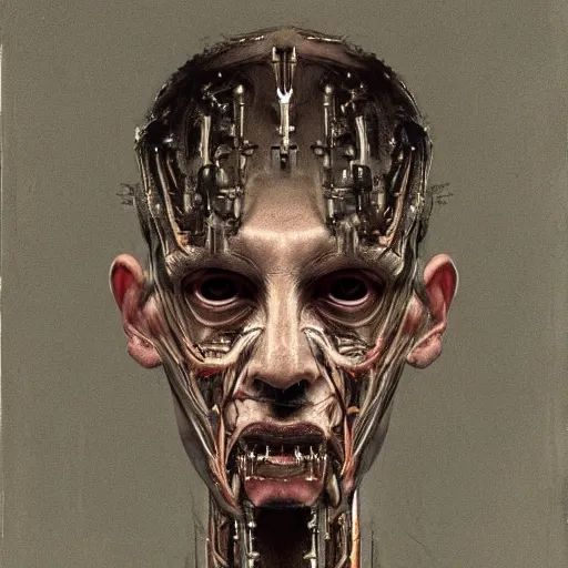 Image similar to surreal portrait of a man by Greg Rutkowski and H.R Giger, symmetrical face, he is about 30 years old, west slav features, short blonde hair with bangs, attractive, smart looking, slim, somewhat androgenic, transformed into a kind of biomechanical transhuman god, disturbing, terrifying but fascinating, with a determined and sinister expression on his face, cosmic void background, frightening, fascinating, highly detailed portrait, digital painting, book cover, artstation, concept art, smooth, sharp foccus ilustration, Artstation HQ