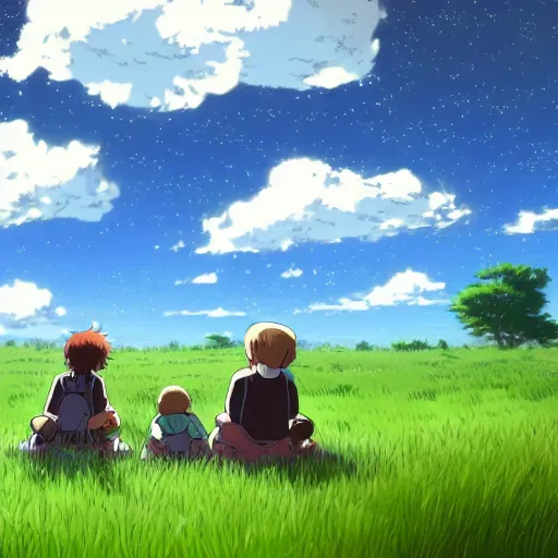 Prompt: very detailed digital drawing of a few children sitting on a grass field look at a galactic war in the sky, anime by Makoto Shinkai