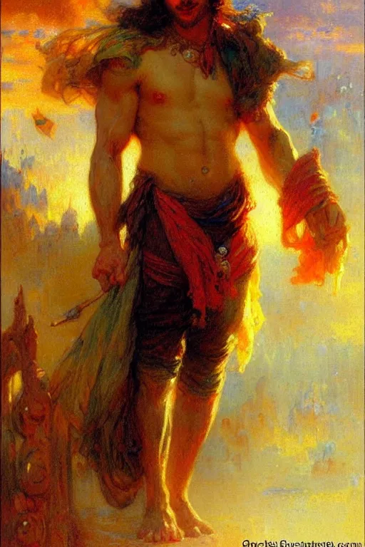 Image similar to attractive male, character design, colorful, painting by gaston bussiere