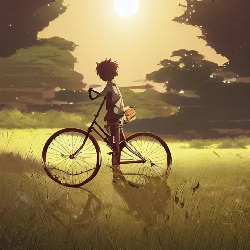 Image similar to a boy riding his bike through the plains of rural japan, high intricate details, rule of thirds, golden ratio, cinematic light, anime style, graphic novel by fiona staples and dustin nguyen, by beaststars and orange, peter elson, alan bean, studio ghibli, makoto shinkai