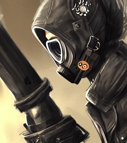 Image similar to a girl wearing a jacket, gas mask, punk outfit, highly detailed, digital painting, artstation, concept art, smooth, sharp focus, illustration