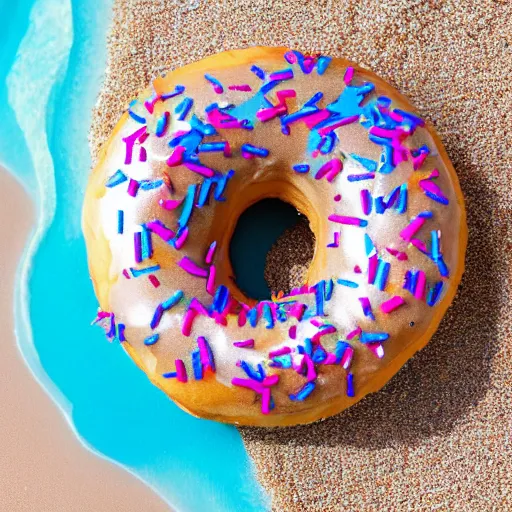 Prompt: a donut resting at the beach