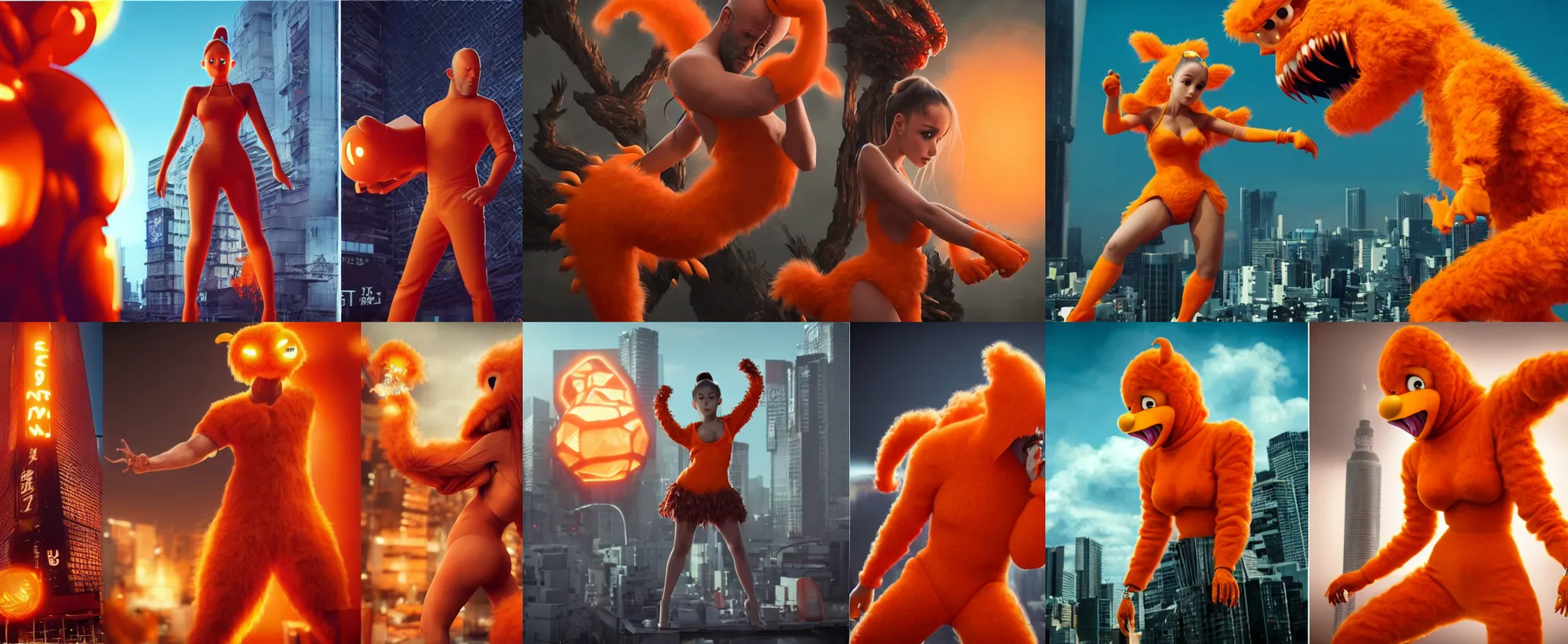 Image similar to ultrarealistic giant ariana grande wearing orange monster chicken suit vs jason statham in tokyo by yusuke murata, octane render, character concept art, movie action still frame, cinematic lighting, volumetric lighting, extreme intricate details, artstation, dnd art, cgsociety, sharp focus, ultra wide angle, digital painting by artgerm, gerald brom, wlop