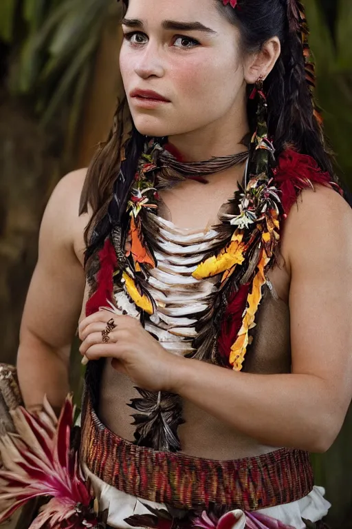 Prompt: Photo of Native Hawaii woman Emilia Clarke, portrait, skilled dancer in Hawaiian national costume, ancient, realistic, detailed, Emilia Clarke