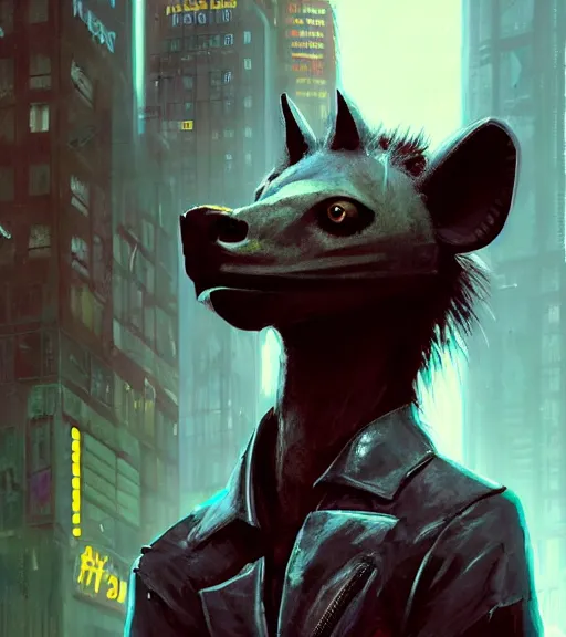 Prompt: new york city portrait of furry anthro anthropomorphic spotted hyena head animal person fursona wearing clothes strange cybernetic shiny metal muzzle gloomy rainy screenshot from the video game cyberpunk 2077 digital art by Greg Rutkowski, Simon Stalenhag, christopher nolan trending on Artstation, CGSociety