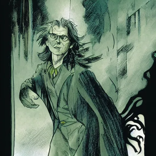 Prompt: comics Harry Potter casting a Patronus in The Sandman comic, by Neil Gaiman, by Dave McKean, comics Sandman, small details, whole-length