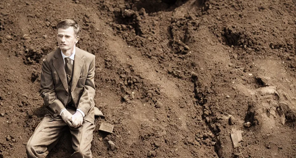 Prompt: a formal portrait photograph of a man whose chest has become an opencast bauxite mine. machinery excavates his ore rich lung and heart. he is rich beyond reason, and as poor as a dog. he is suspended from a bridge, dying.