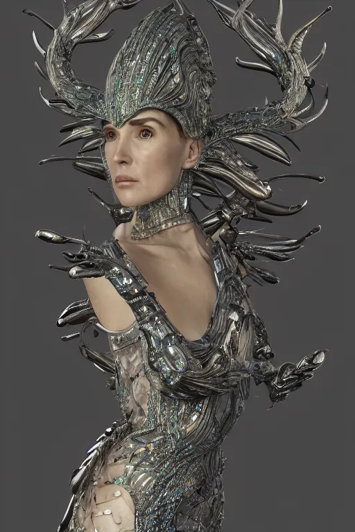 Image similar to a highly detailed medium shot 8 k render portrait of an alien goddess jennifer connelly in iris van herpen dress schiaparelli armor in diamonds and lots of jewelry in style of alphonse mucha trending on artstation made in unreal engine 4