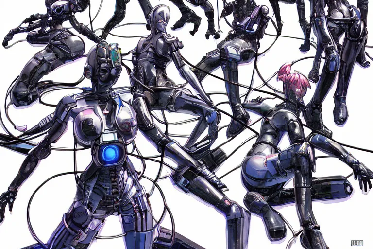 Image similar to a cyberpunk illustration of a group of female androids in style of masamune shirow, lying scattered across an empty, white floor with their bodies rotated in different poses and cables and wires coming out, by yukito kishiro and katsuhiro otomo, hyper-detailed, intricate