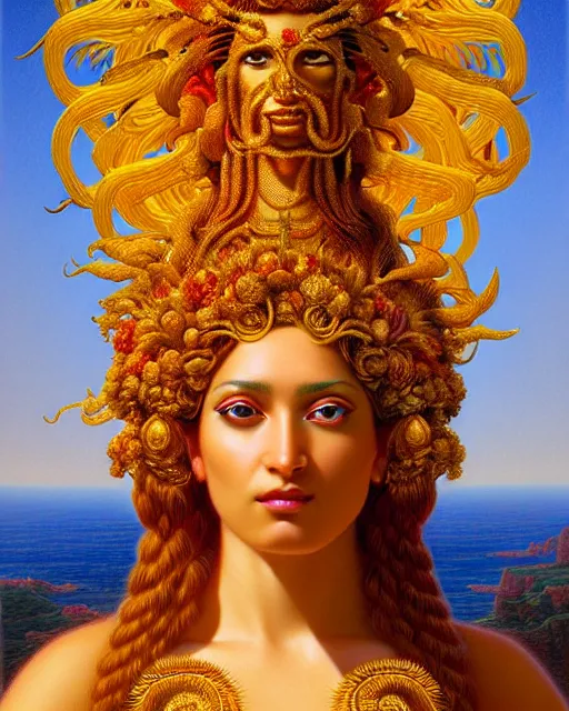 Image similar to portrait of the goddess of golden fire, unusual beauty, flowers and plants, emotionally evoking symbolic metaphors, head in focus, fantasy, ornamental, intricate, elegant, sensual, highly detailed digital painting, artstation, concept art, painterly, golden ratio, sharp focus, illustration, art by John William Godward and Boris Vallejo and Zdzisław Beksiński,