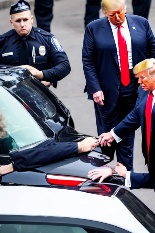 Image similar to donald trump being handcuffed by a police officer front of a police car, real life skin, intricate, high detailed, smooth, sharp focus