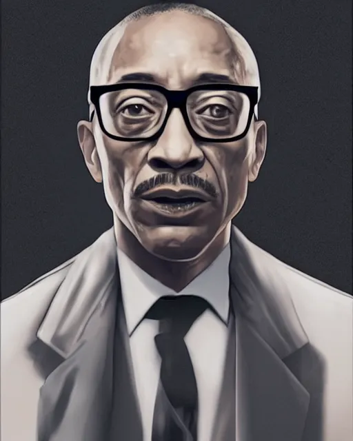 Image similar to Giancarlo Esposito as Gus Fring, backlit portrait, black background, cinematic lighting, atmospheric, digital artwork, best of artstation