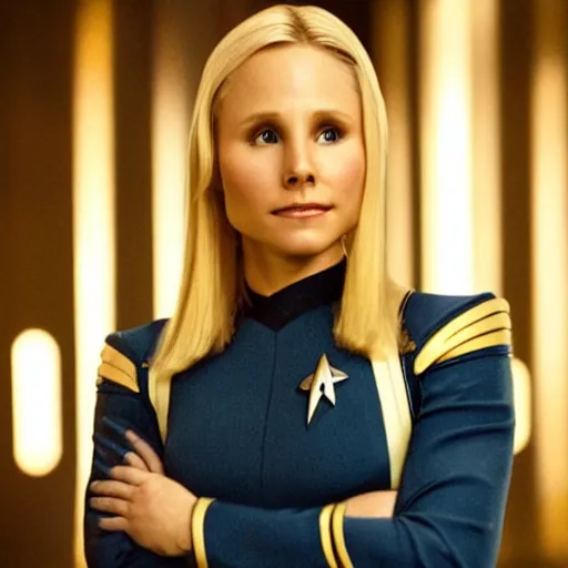 Image similar to a beautiful full body photograph of kristen bell as a star fleet officer from star trek next generation, extreme realism and detail, 8 k, completely framed, direct lighting, 3 5 mm photo, photorealistic, sharp focus