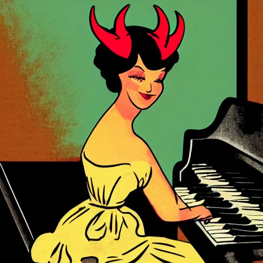 Image similar to vintage woman wearing devil horns and sitting in an piano, retro cartoon