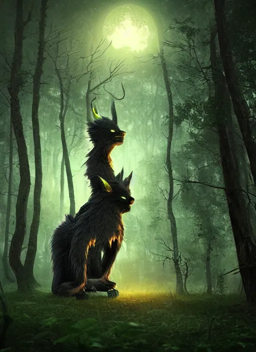 Prompt: a ominous furry creature with long twisted ears standing in a forest, big yellow glowing eyes, dark fantasy, michael kutsche, concept render, beautiful lighting