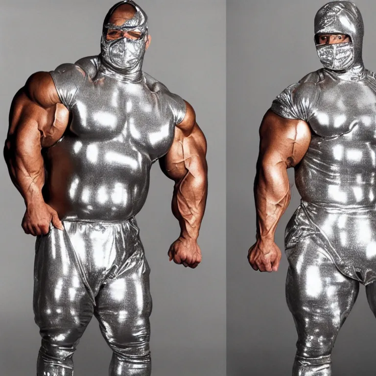 Image similar to 1990's sears portrait photos, an incredibly extremely muscular bodybuilder man and woman wearing shiny reflective full-body latex suits and masks