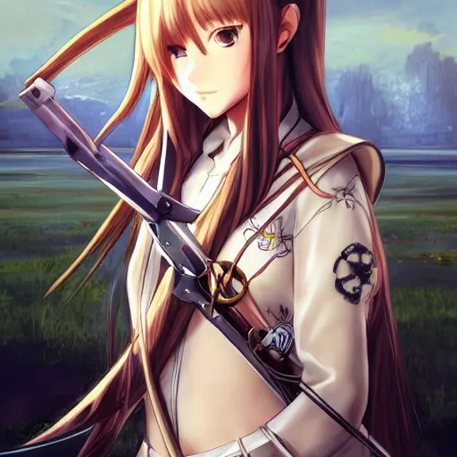 Image similar to archer girl, anime style, long hair, hair down, symmetrical facial features, from arknights, futuristic clothes, hyper realistic, pale skin, 4k, rule of thirds, extreme detail, detailed drawing, trending artstation, hd, fantasy, D&D, realistic lighting, by Alphonse Mucha, Greg Rutkowski, sharp focus, backlit