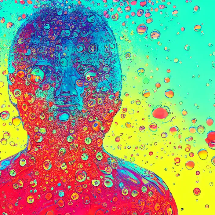 Prompt: illustration of a colorful melting human head of asian boy. acrylic bubbles and flowers, ferrofluids, water distortions. intricate abstract. intricate artwork. colortheme by beeple