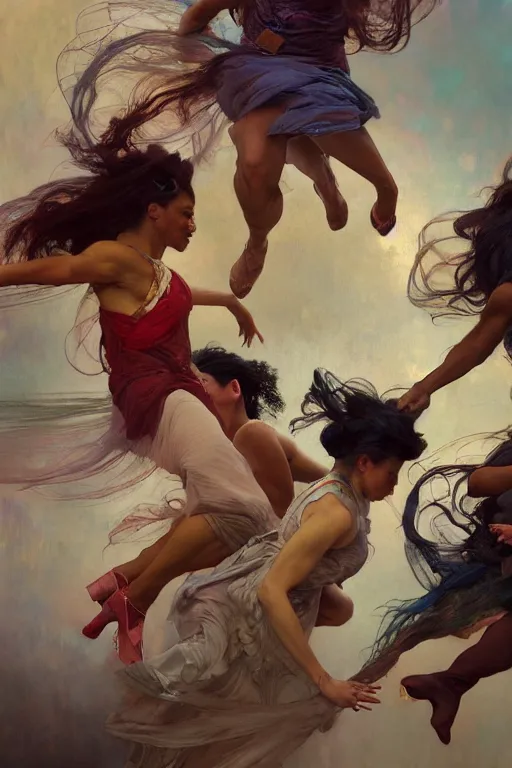 Image similar to hyperrealist group photo of 4 women of various ethnic backgrounds jumping together. by jeremy mann and alphonse mucha, fantasy art, photo realistic, dynamic lighting, artstation, poster, volumetric lighting, very detailed faces, 4 k, award winning