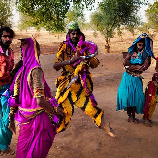 Prompt: The Kalbelia are a snake charming tribe from the Thar Desert in Rajasthan, India. The dance is an integral part of their culture and performed by men and women