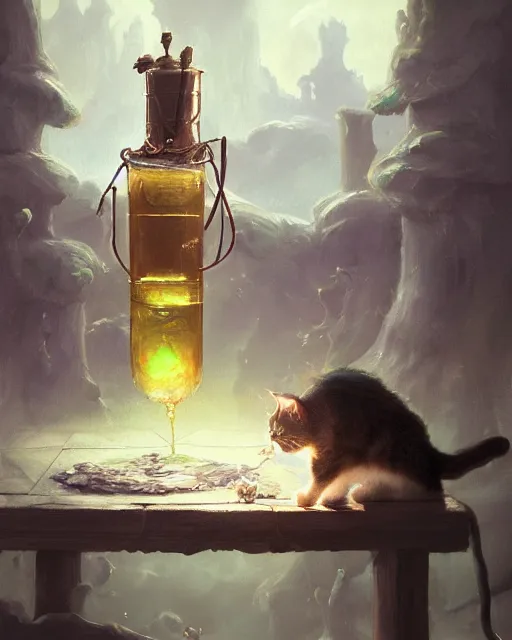 Prompt: oil painting of cat witch brewing potion, sharp focus, fantasy style, octane render, volumetric lighting, 8k high definition, by greg rutkowski, highly detailed, trending on art Station, magic the gathering artwork, Alchemist lab backround, centered