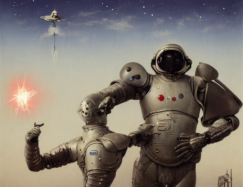 Prompt: a detailed portrait painting of futuristic bomb disposal soldier wearing armour and a reflective visor, spacecraft flies in the distance. cinematic sci-fi poster. Flight suit, cloth and metal, accurate anatomy. Samurai influence, knight influence. fencing armour. portrait symmetrical and science fiction theme with lightning, aurora lighting. clouds and stars. Futurism by moebius beksinski carl spitzweg moebius and tuomas korpi. baroque elements. baroque element. intricate artwork by caravaggio. Oil painting. Trending on artstation. 8k