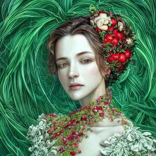 Image similar to the portrait of an absurdly beautiful, graceful, elegant, sophisticated, chaste woman made of strawberries and green petals looking up, an ultrafine hyperdetailed illustration by kim jung gi, irakli nadar, intricate linework, bright colors, octopath traveler, final fantasy, unreal engine 5 highly rendered, global illumination, radiant light, detailed and intricate environment