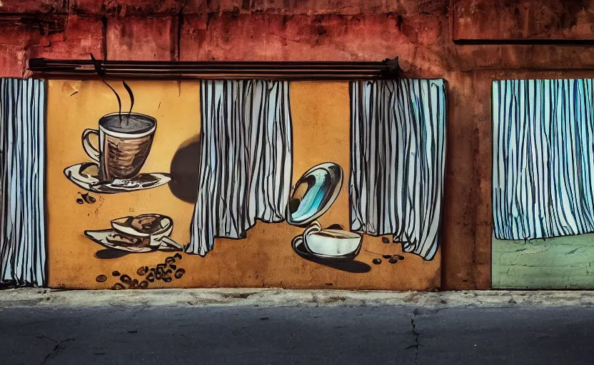 Image similar to a beautiful photo of coffe cup painted on the metal curtain of a shop on the street, artsy advertising