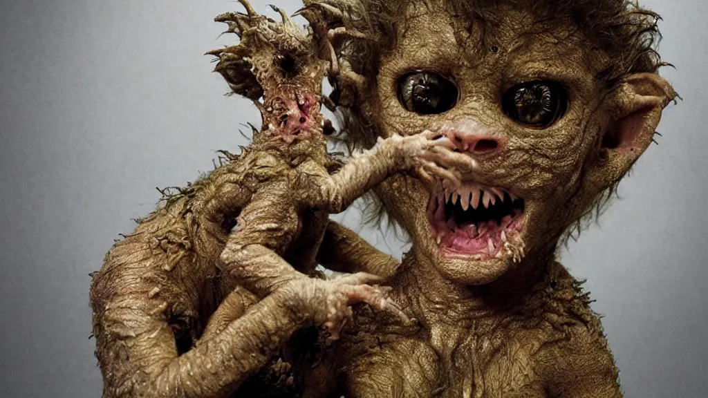 Prompt: A cinematic sculpture of a cute by scary monster with scaly skin and crazy hair by Rick Baker and Chris Walas. A film screenshot from a horror movie directed by David Cronenberg. Cinamatography by Denis Villeneuve and Christopher Nolan.