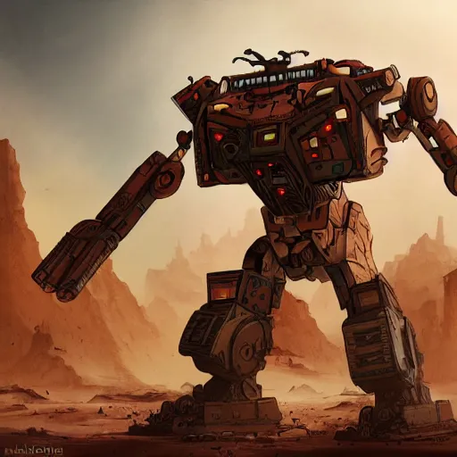 Prompt: comic book style battlemech, post-apocalyptic, high-tech, hulking, wide shot, desert background, highly detailed, artstation, concept art, sharp focus, illustration, art by abaddon and magali villeneuve, red brown and white color scheme