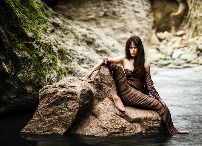 Prompt: portrait fully clothed half woman half fish sitting on a rock in a river in an underground cave. fantasy magic style. highly detailed 8 k. intricate. lifelike. soft light. sony a 7 r iv 5 5 mm. cinematic post - processing