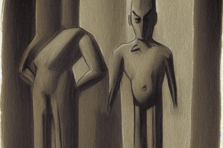 Prompt: Man shunned from a group because his arms are too long, by Grant Wood, sketch by Brian Despain, surrealism, figurativism, Giorgio de Chirico, brutalism, artstation