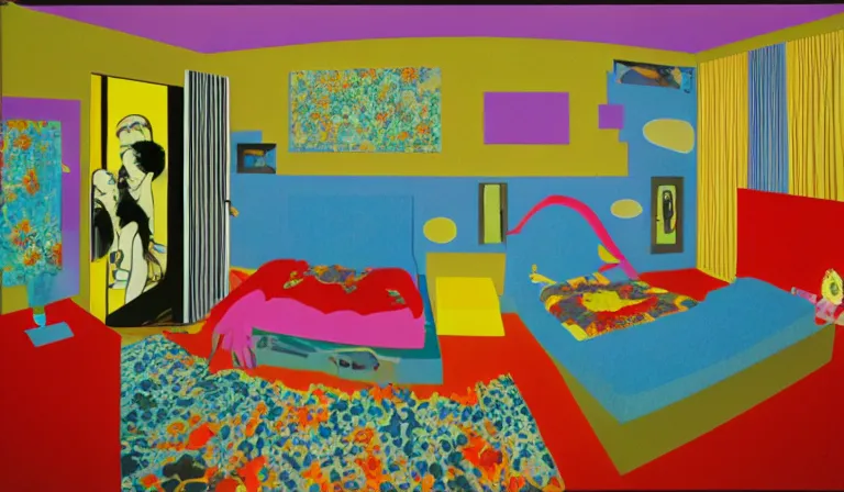 Image similar to A bedroom designed by Tadanori Yokoo, film still, by Gregg Araki