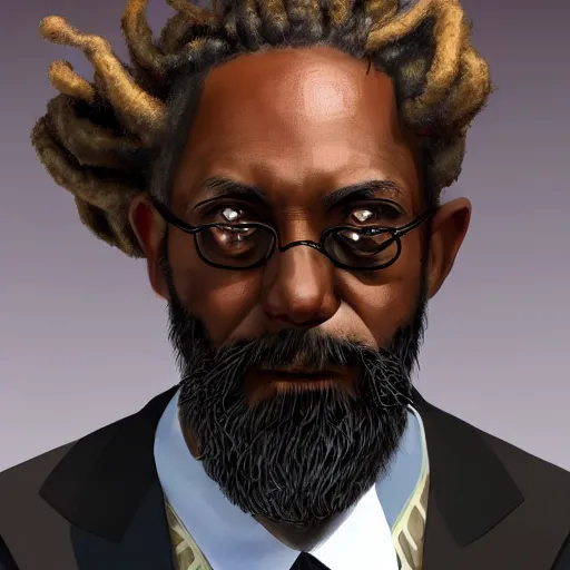 Prompt: a portrait of an older black man with dreads and a suit with a monocle on, D&D, sci-fi, elegant, hopeful, muscular, highly detailed, digital painting, artstation, concept art, smooth, sharp focus, illustration