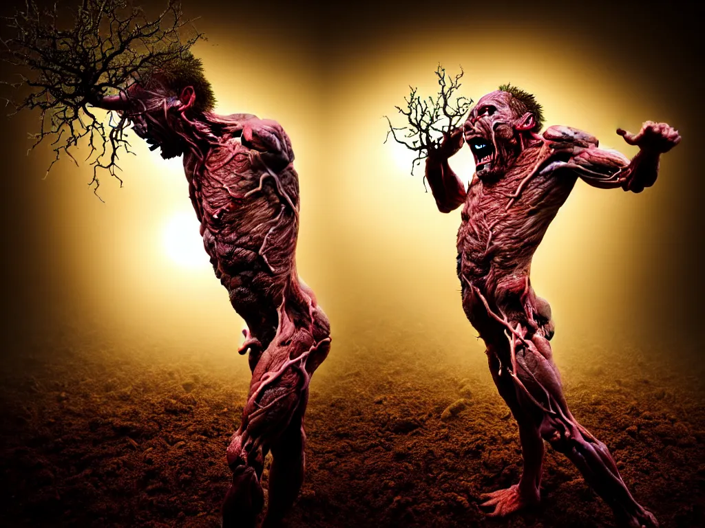 Image similar to award - winning color photo of a skinned man painfully transforming into an oak tree, screaming in agony, a blinding sun in the background, the soil is on fire, chiaroscuro, awe, terror, beauty