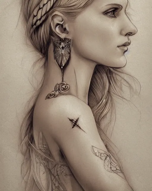 Image similar to tattoo sketch of beautiful greek goddess aphrodite with arrowhead earrings, beautiful piercing eyes, flowing blonde hair, realistic face, hyper realistic, in the style of greg rutkowski, fantasy, amazing detail, epic, intricate, elegant, smooth, sharp focus