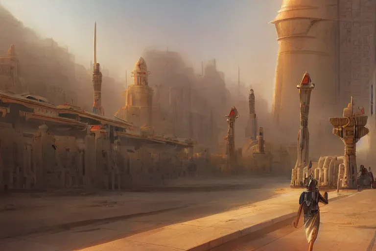 Image similar to futuristic oriental robotic egyptian city, matte painting, long shot, concept art, wide shot, digital art, trending on artstation, 4 k, extremely detailed, realistic, midday, warm colors, golden sunlight, by greg rutkowski, cinematic, epic