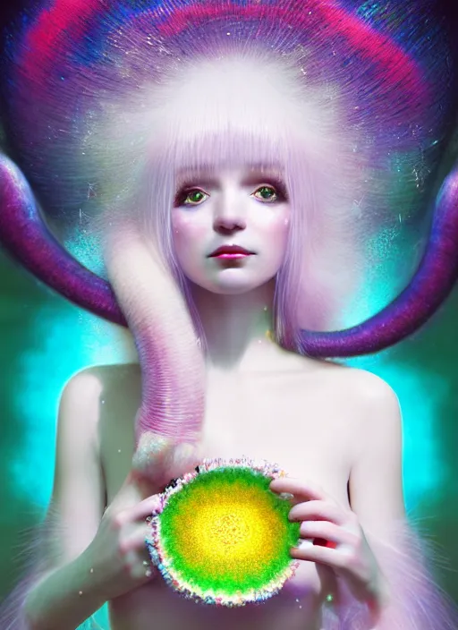 Image similar to hyper detailed 3d render like a Oil painting - kawaii portrait Aurora (white haired Singer Marten) seen Eating of the Strangling network of yellowcake aerochrome and milky Fruit and Her delicate Hands hold of gossamer polyp blossoms bring iridescent fungal flowers whose spores black the foolish stars by Jacek Yerka, Mariusz Lewandowski, Houdini algorithmic generative render, Abstract brush strokes, Masterpiece, Edward Hopper and James Gilleard, Zdzislaw Beksinski, Mark Ryden, Wolfgang Lettl, hints of Yayoi Kasuma, octane render, 8k