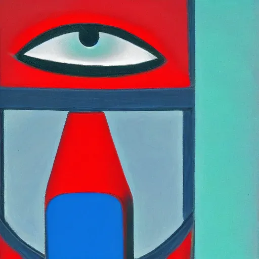 Image similar to symmetrical blue and red, mysterious figure looking at a distant machine, art