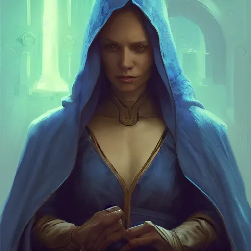 Image similar to portrait, female high wizard in blue robes, dramatic lighting, cinematic, establishing shot, extremly high detail, photo realistic, cinematic lighting, post processed, concept art, artstation, matte painting, style by eddie mendoza, raphael lacoste, alex ross