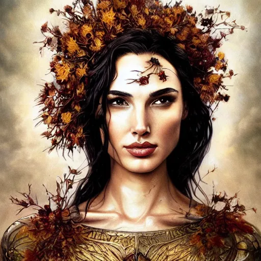 Image similar to fine art photo of the beauty goddess gal gadot, she has a crown of dried flowers, by peter mohrbacher