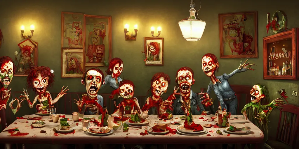 Prompt: a zombie family christmas diner, wide angle, super highly detailed, professional digital painting, artstation, concept art, smooth, sharp focus, no blur, no dof, extreme illustration, unreal engine 5, photorealism, hd quality, 8 k resolution, cinema 4 d, 3 d, beautiful, cinematic, art by tim burton