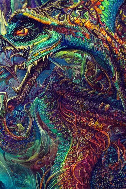 Prompt: a close up of a painting of a dragon, digital art by android jones, trending on behance, psychedelic art, intricate, ornate, fractalism