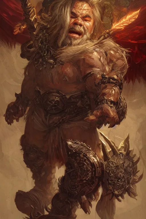 Image similar to portrait of dwarf as a hulking herculean demon, forest, godlike, full body, fantasy, intricate, elegant, highly detailed, digital painting, artstation, concept art, sharp focus, illustration, art by artgerm and greg rutkowski and alphonse mucha